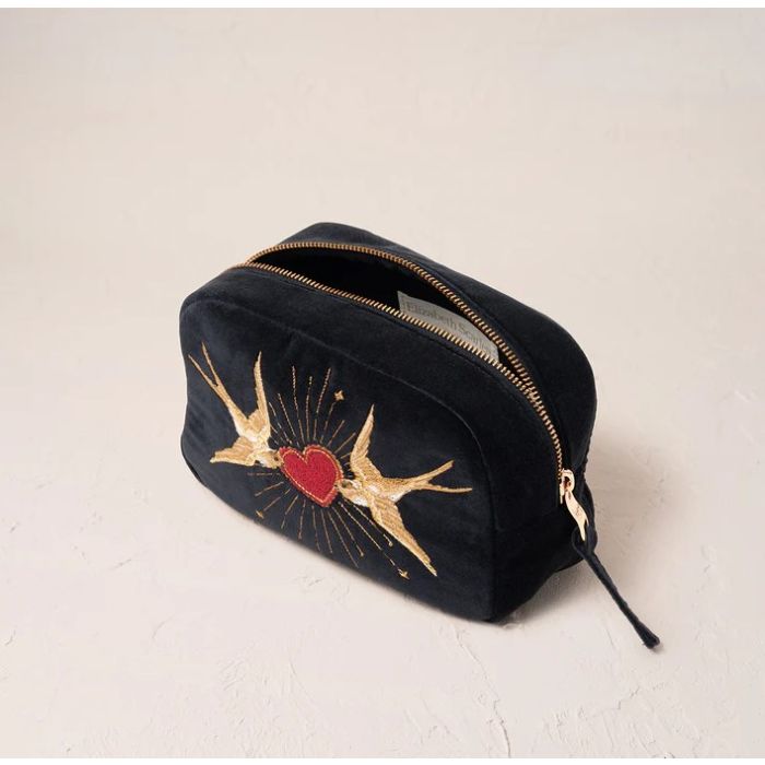Elizabeth Scarlett Beating Heart Charcoal Velvet Makeup Bag