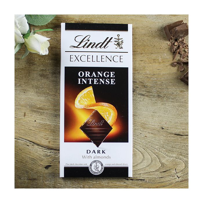 Lindt Orange Intense Dark Chocolate with Almonds Bar 100g Bakers Larners of Holt