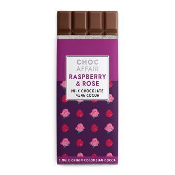 Choc Affair Raspberry & Rose Milk Chocolate Bar 90g