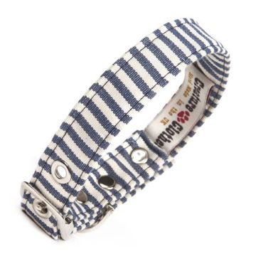 Creature Clothes Vegan Fabric Dog Collar Blue/White Stripe Size 2