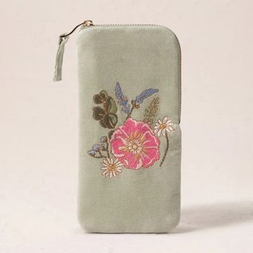 Pressed Flowers Velvet Glasses Case - Sage