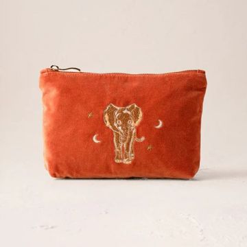 Golden Elephants Velvet Mini Pouch - Rust