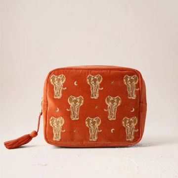 Elizabeth Scarlett Golden Elephants Velvet Wash Bag - Rust