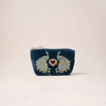Elizabeth Scarlett Peacock Floral Velvet Coin Purse - Ink Blue