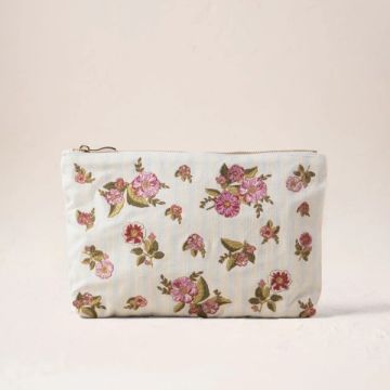 Floral Bouquet Stripe Canvas Printed Everyday Pouch - Blue