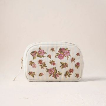 Floral Bouquet Stripe Canvas Printed Makeup Bag - Blue