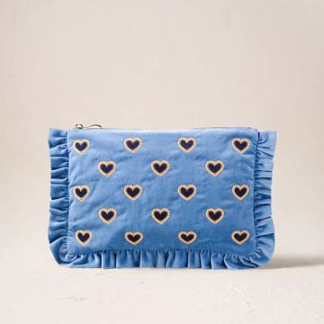 Love Hearts Velvet Frill Pouch - Cornflower Blue