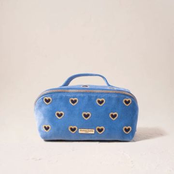 Love Hearts Velvet Makeup Bag - Cornflower Blue