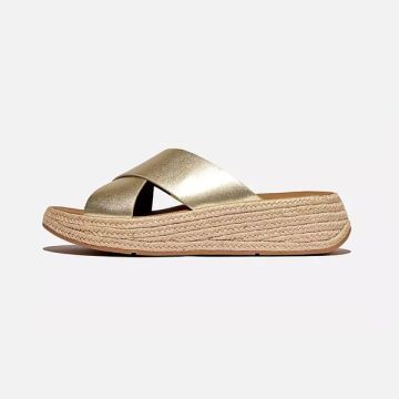 Fitflop F-Mode Espadrille Leather Flatform Cross Slides 675 Platino