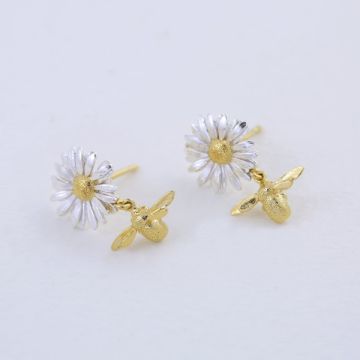Alex Monroe Daisy Stud Earrings With Teeny Tiny Bee Drops (Silver & Gold)