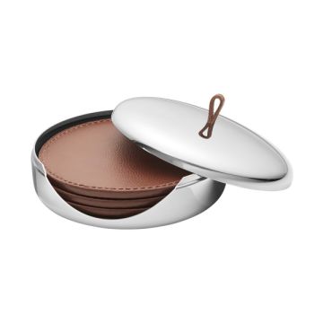 Georg Jensen Sky Leather & Stainless Steel Coaster Set 4 Pieces